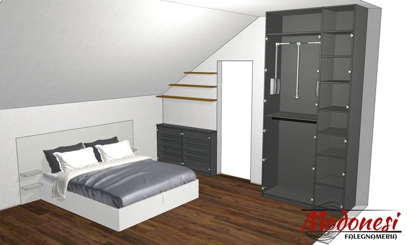 Armadio camera da letto in mansarda a Milano: render progetto mansarda