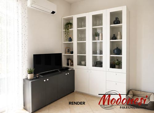 Mobile soggiorno con vetrine e porta tv render