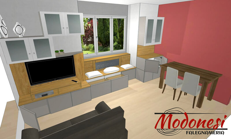Mobile Per Soggiorno Con Panca Realizzato Per Una Casa A Milano Render 01