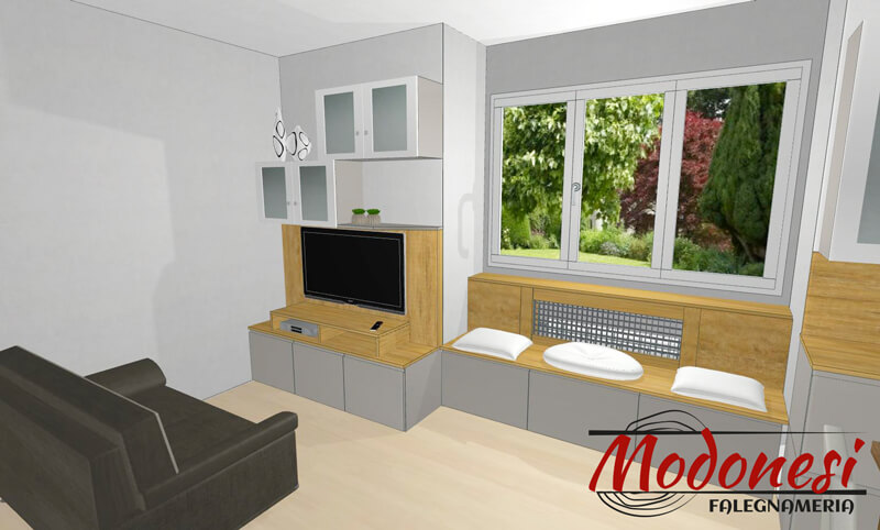 Mobile Per Soggiorno Con Panca Realizzato Per Una Casa A Milano Render 03